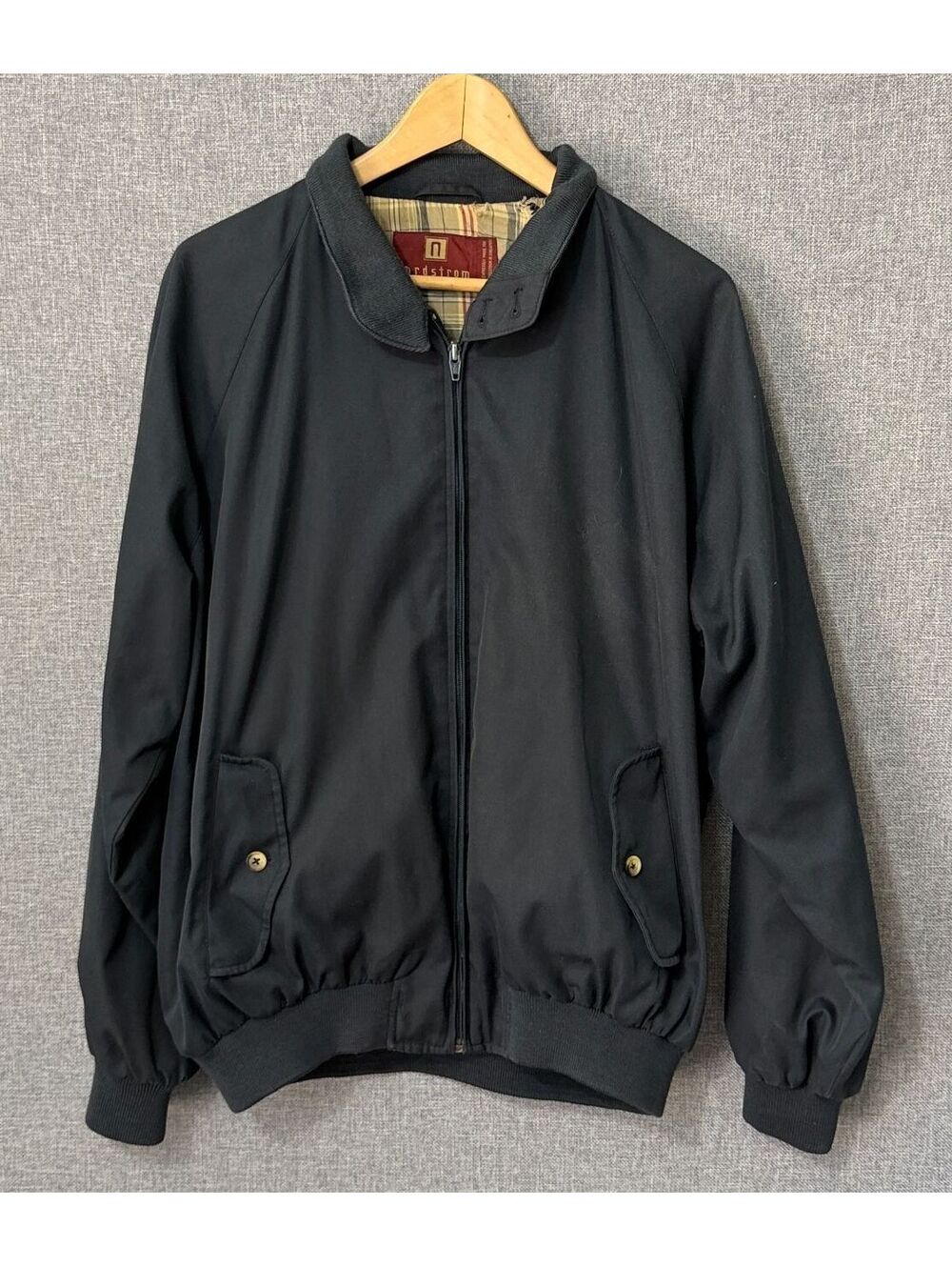 Vintage Nordstrom Harrington Jacket XL Navy Blue Plaid Lined Bomber Full Zip